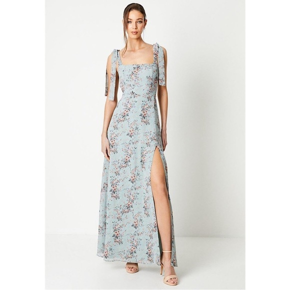 VOWD Bridesmaids Maxi Dress Women's Size 0 Green Wildflower Print Bow Shoulder - Picture 7 of 10